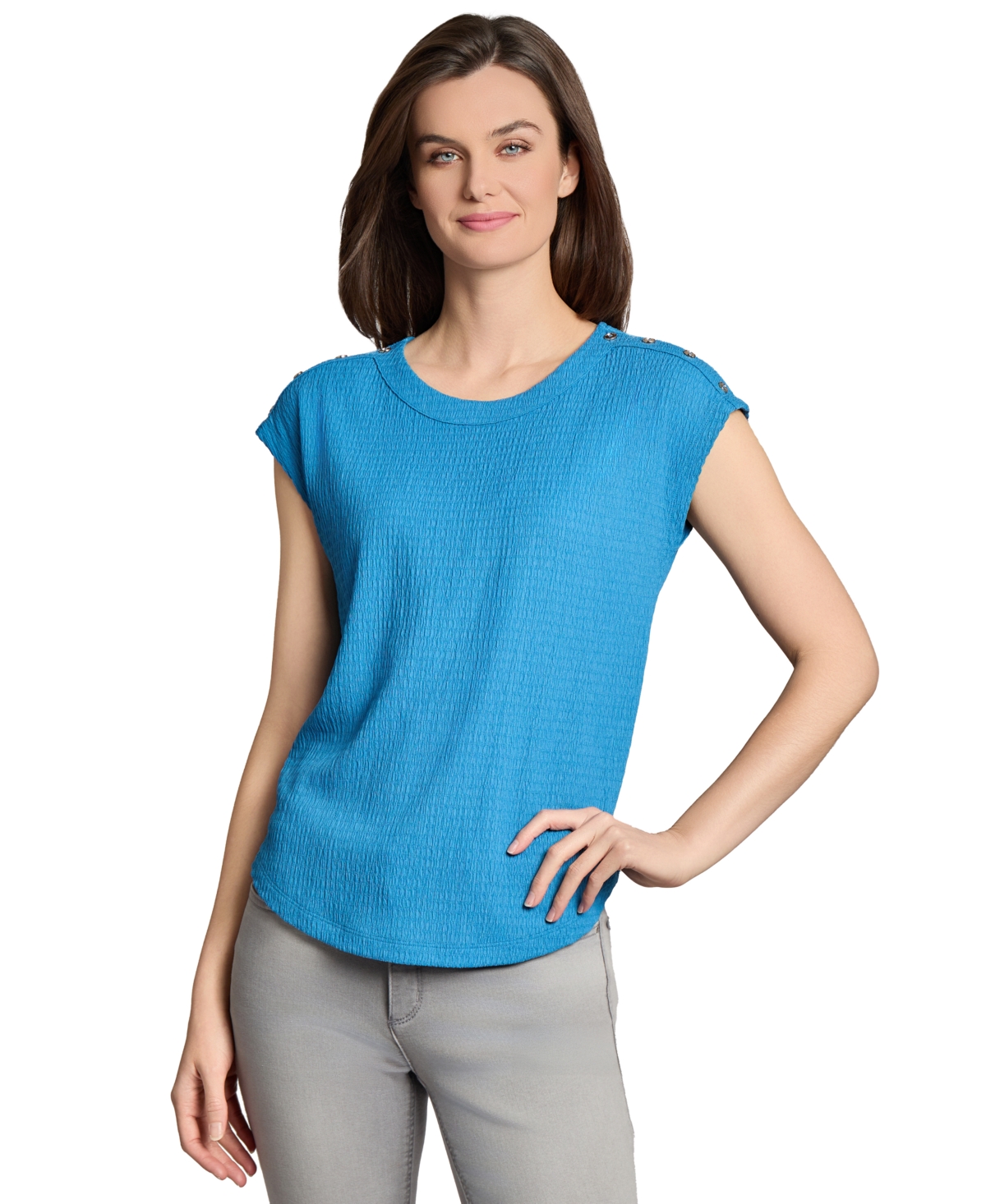 Jones New York Button Accent Cap Sleeve Top In Blue