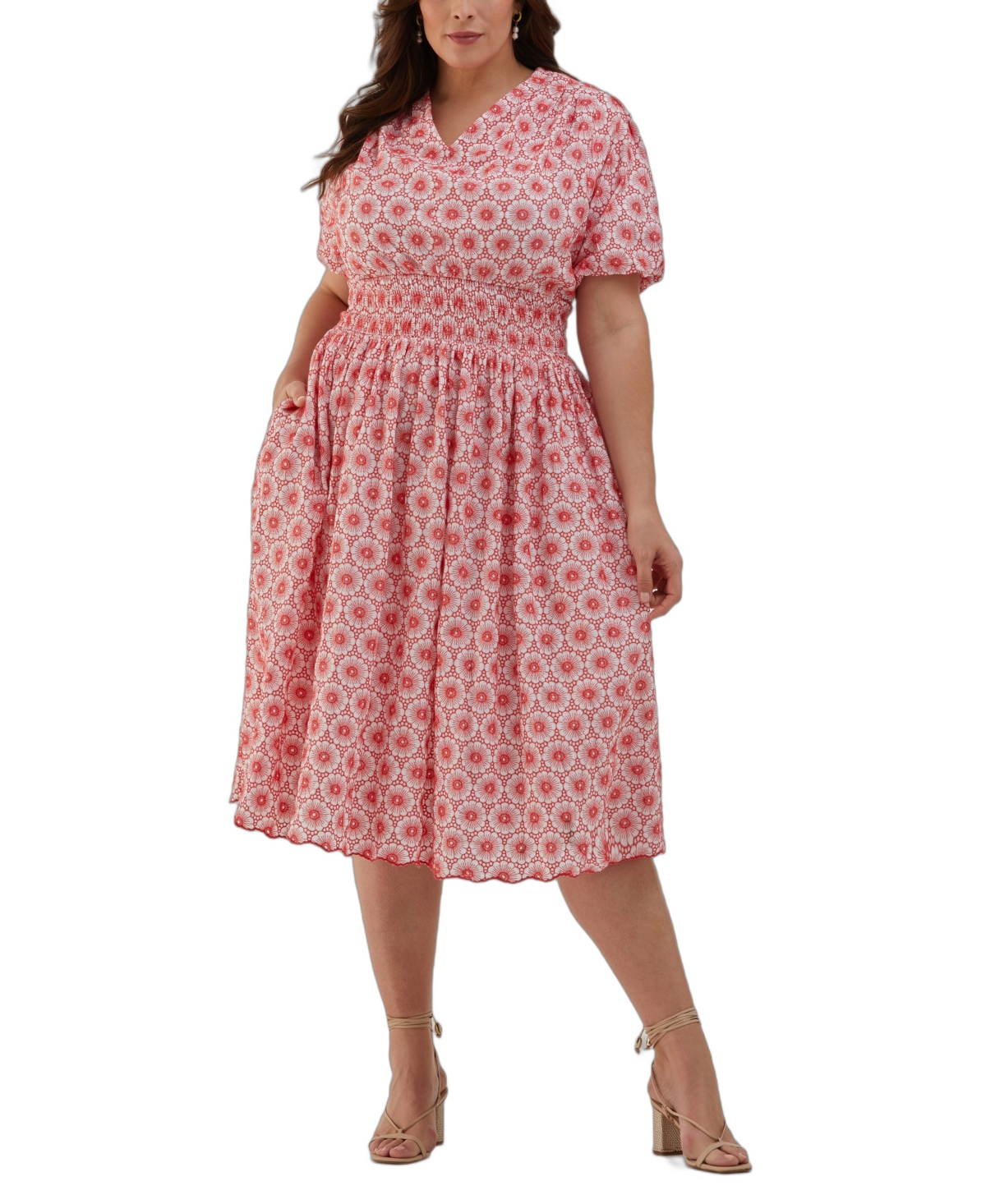 ELLA RAFAELLA PLUS SIZE SMOCKED PUFF SHORT SLEEVE DRESS 