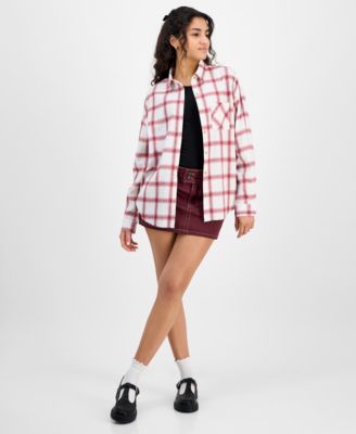 Just Polly Juniors Girlfriend Frayed Hem Plaid Shirt Planet Heart Bodysuit Celebrity Pink Double Button Mini Sk