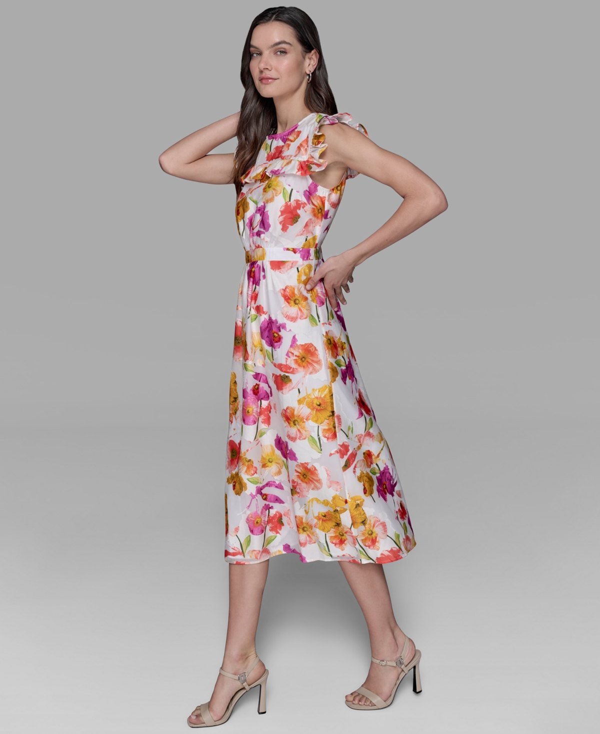 Karl Lagerfeld Petite Floral-print Flutter-sleeve Midi Dress In Burgundy