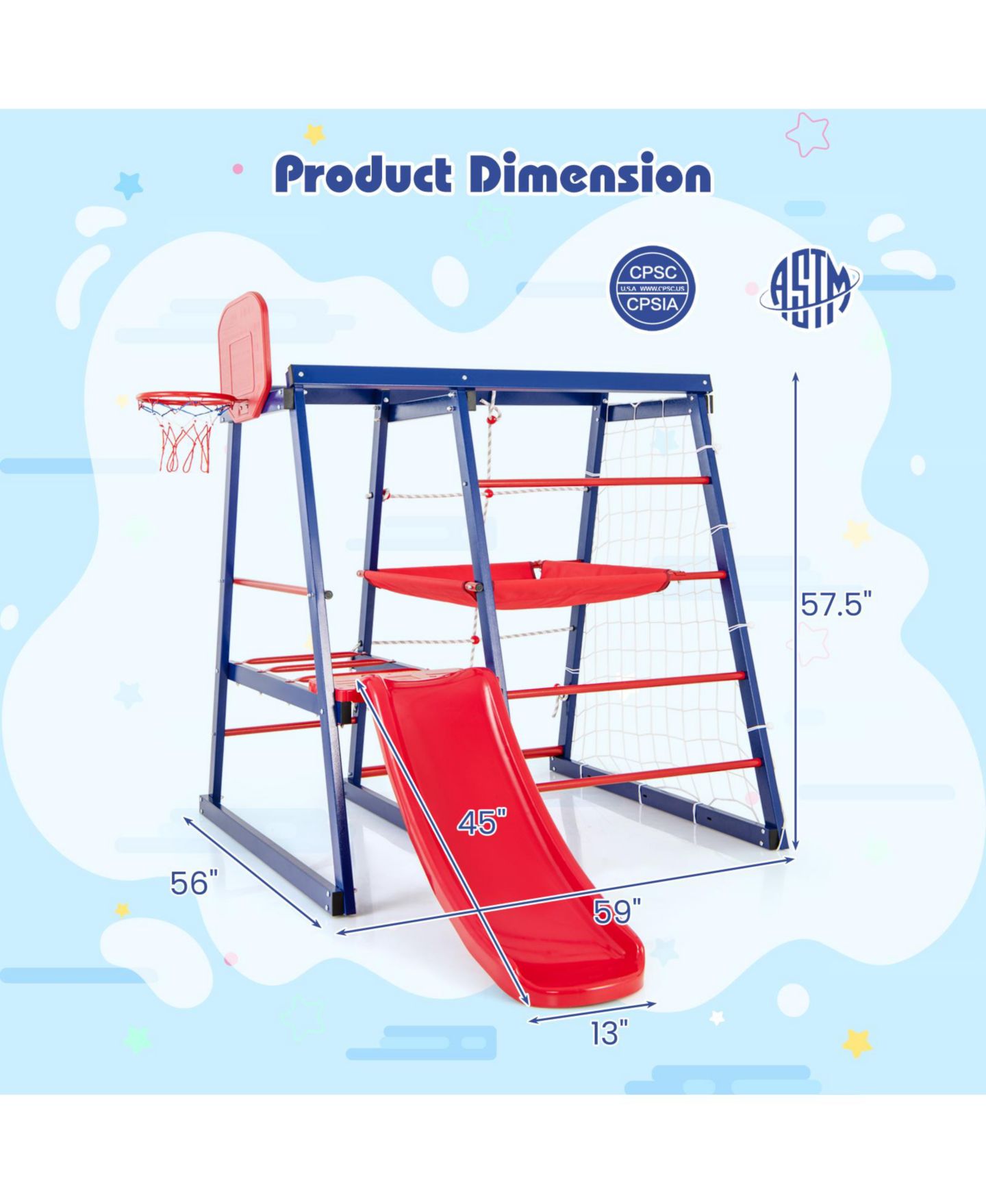Детская игрушка Mecale 7-In-1 Metal Climbing Playground with Slide, Climbing Net & Basketball Hoop, Ages 3-7, цвет: Синий — фото 2