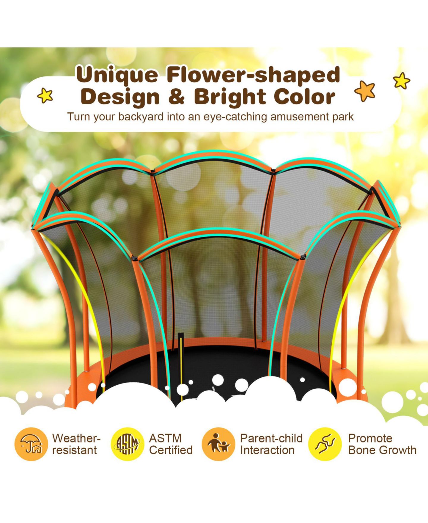 Детская игрушка Mecale 8-Foot Flower-Shaped Trampoline with Enclosure Net, Ages 3+, цвет: Оранжевый — фото 5