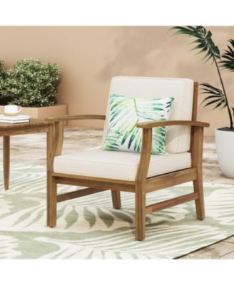 Acacia Wood Outdoor Lounge Chair with Cream White Cushion, Slat Panel Design Frame and Water-Resistant Cushion