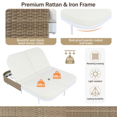 TREXM Outdoor Daybed Patio Rattan Daybed 5 Position Adjustable Backrest Removable Cushions White Frame