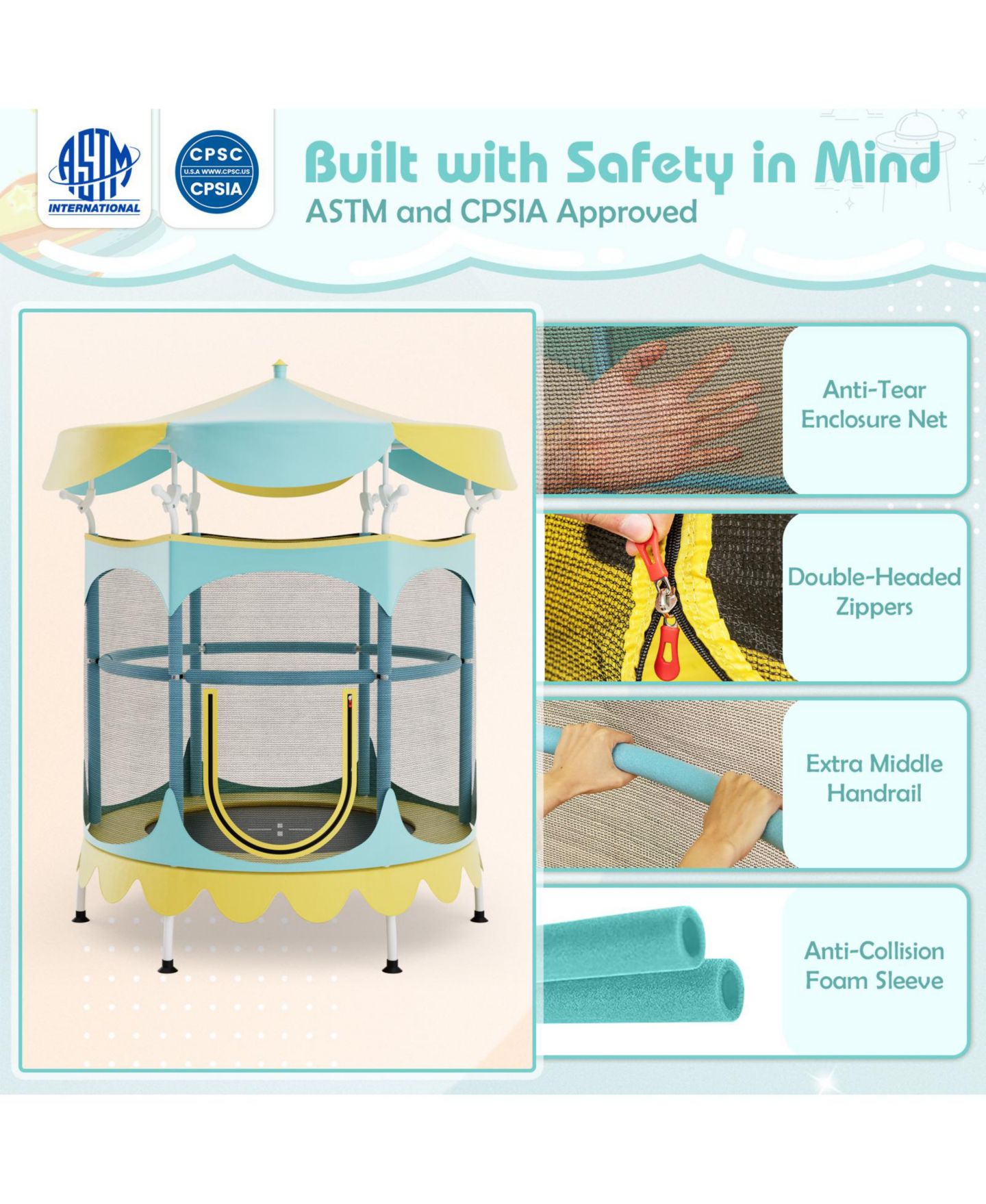 Детская игрушка Mecale 64 Inch Trampoline with Safety Enclosure Net and Detachable Canopy, Ages 3+, цвет: Синий — фото 4