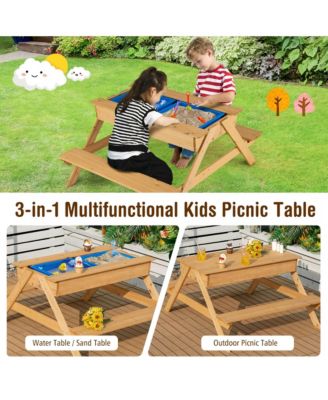 3 in 1 Kids Picnic Table Wooden Outdoor Water Sand Table w/ Play Boxes