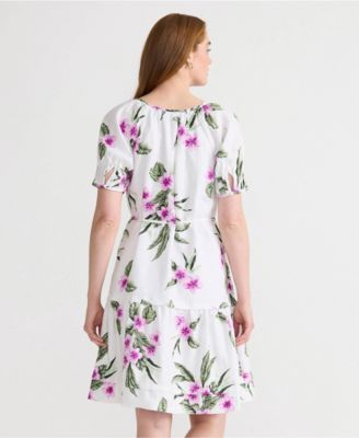 Women's Puff Sleeve Pleated Linen Knee Length Dress