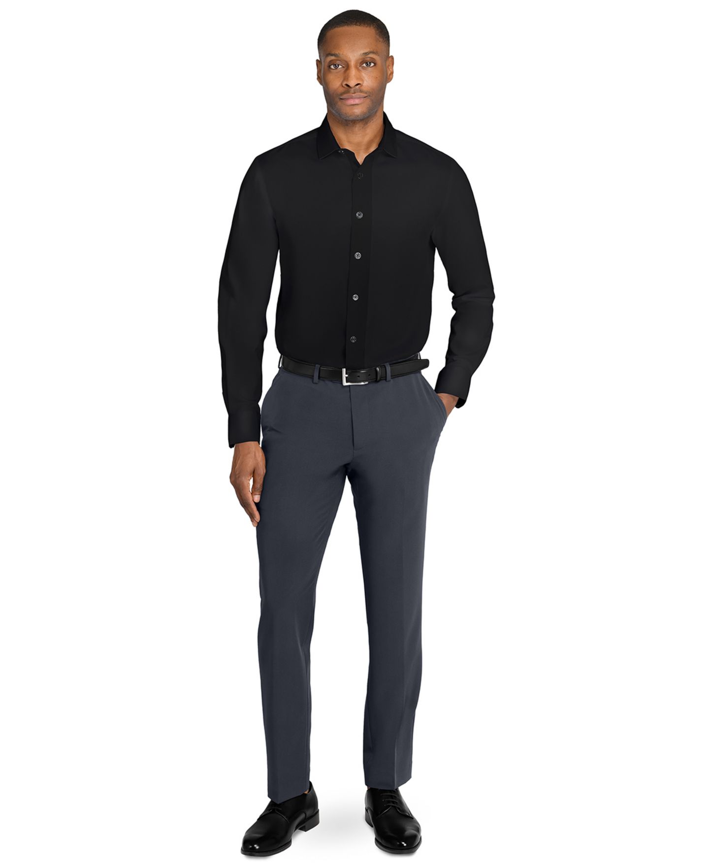Мужская рубашка MICHELSONS OF LONDON Solid Hybrid Slim Fit Easy Care Long Sleeve, цвет: Чёрный — фото 6