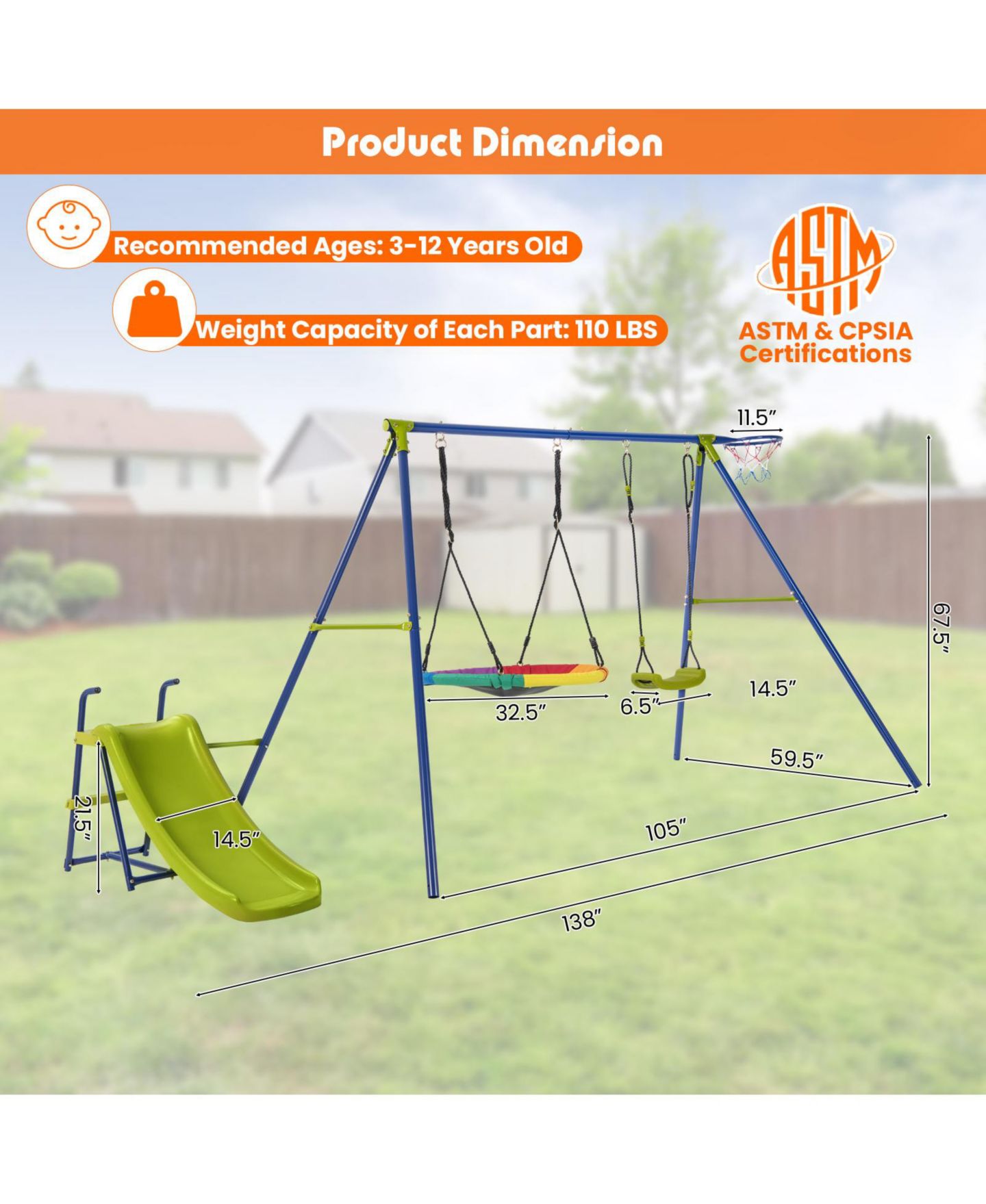 Детский игровой набор Mecale 4-in-1 Heavy-Duty Metal Playset with Slide and Basketball Hoop, цвет: Синий — фото 3