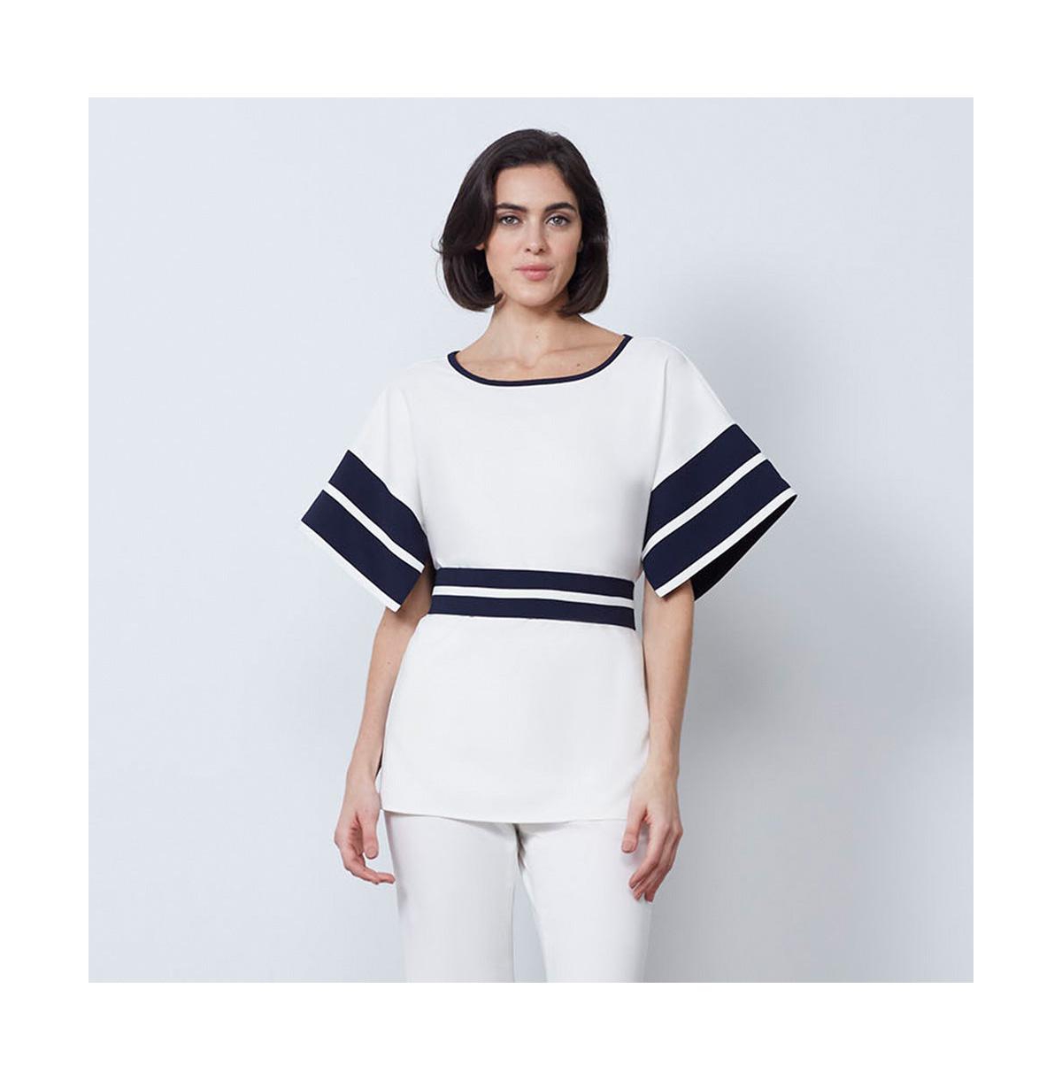 Women's Pullover Two-Color Tunic Blouse Fathom - Ivory white/navy blue