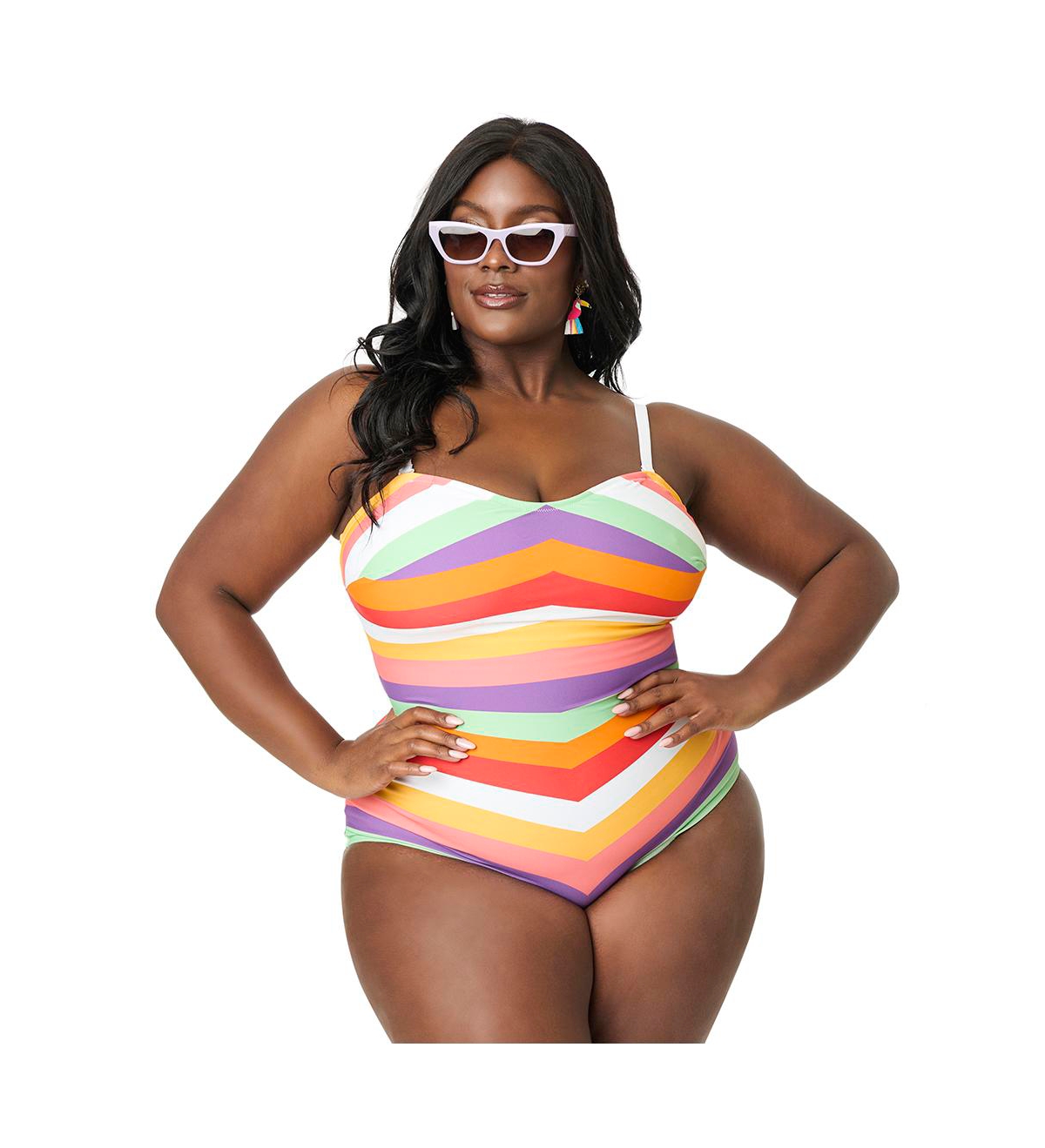 Plus Size Chevron Stripe One Piece Bathing Suit - Rainbow stripe