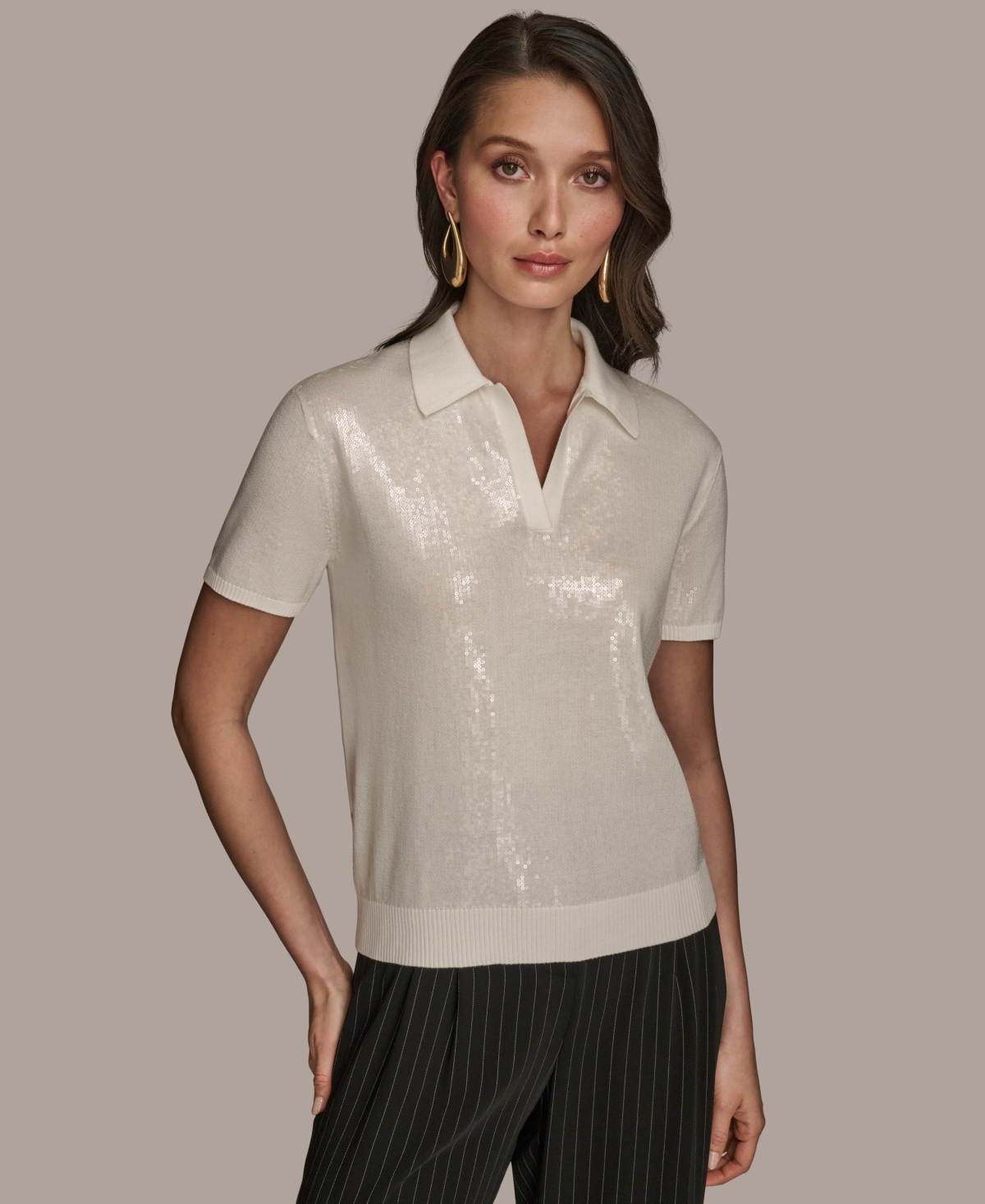 Women's Short-Sleeve Sequined Knit Polo - Black