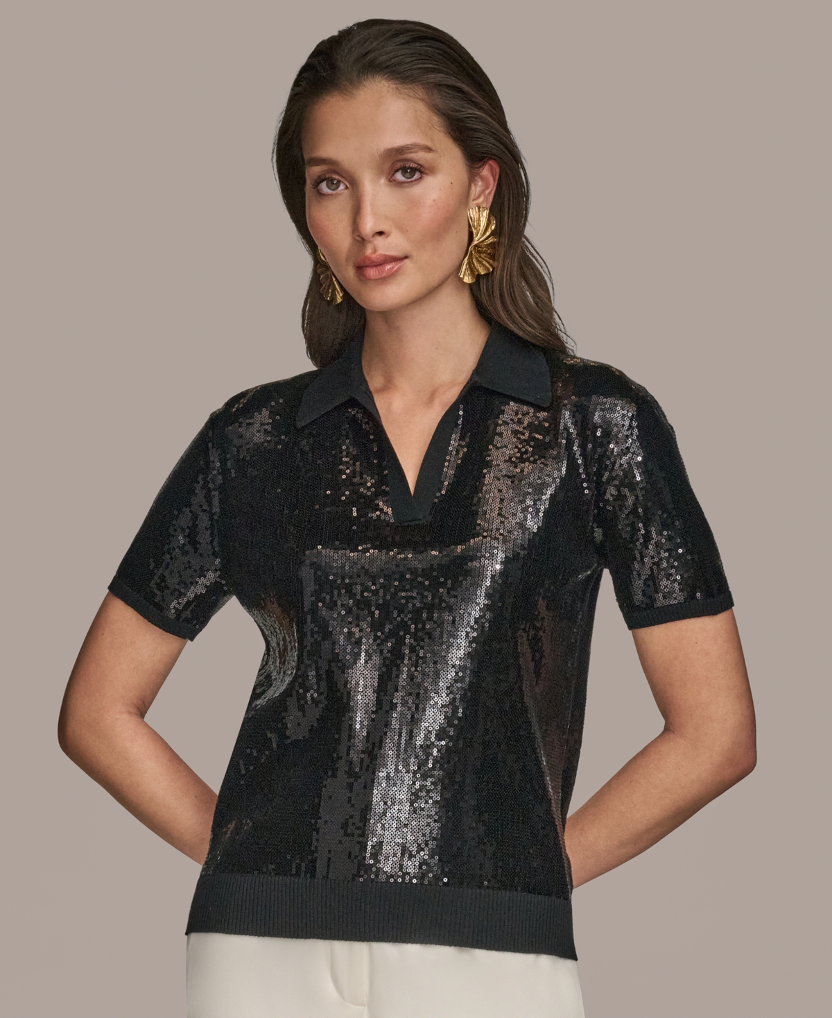 Women's Short-Sleeve Sequined Knit Polo - Black