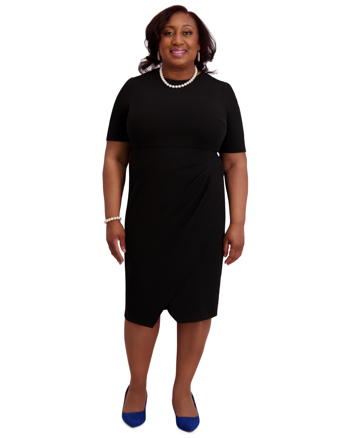 Women's Short-Sleeve Side Pleated Dress, Regular & Plus Sizes - Crimson