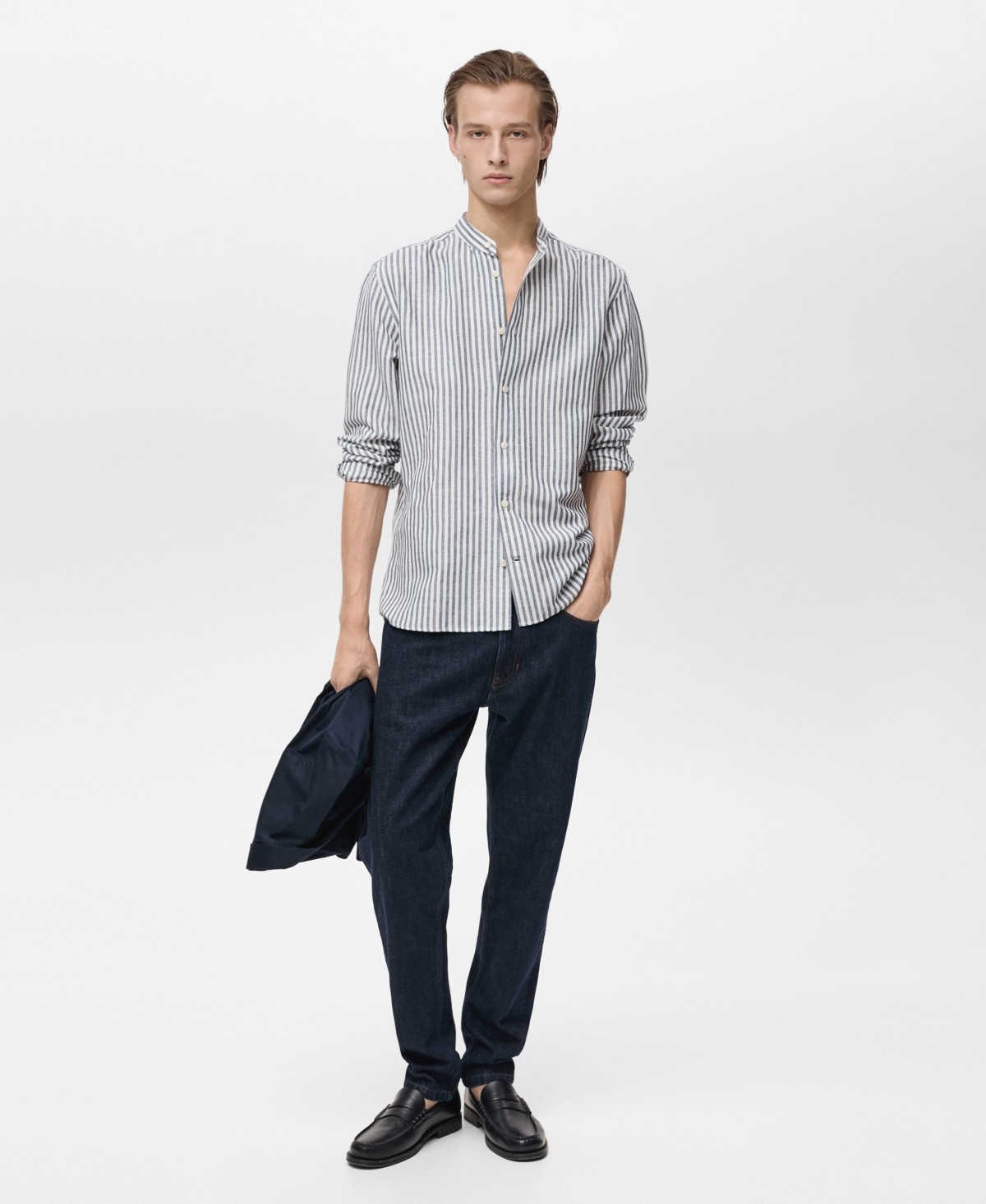 Mango Mandarin Collar Linen & Cotton Button-up Shirt In Gray