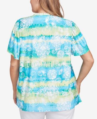 Plus Size Batik Embroidered Tie Dye Puff Print Top