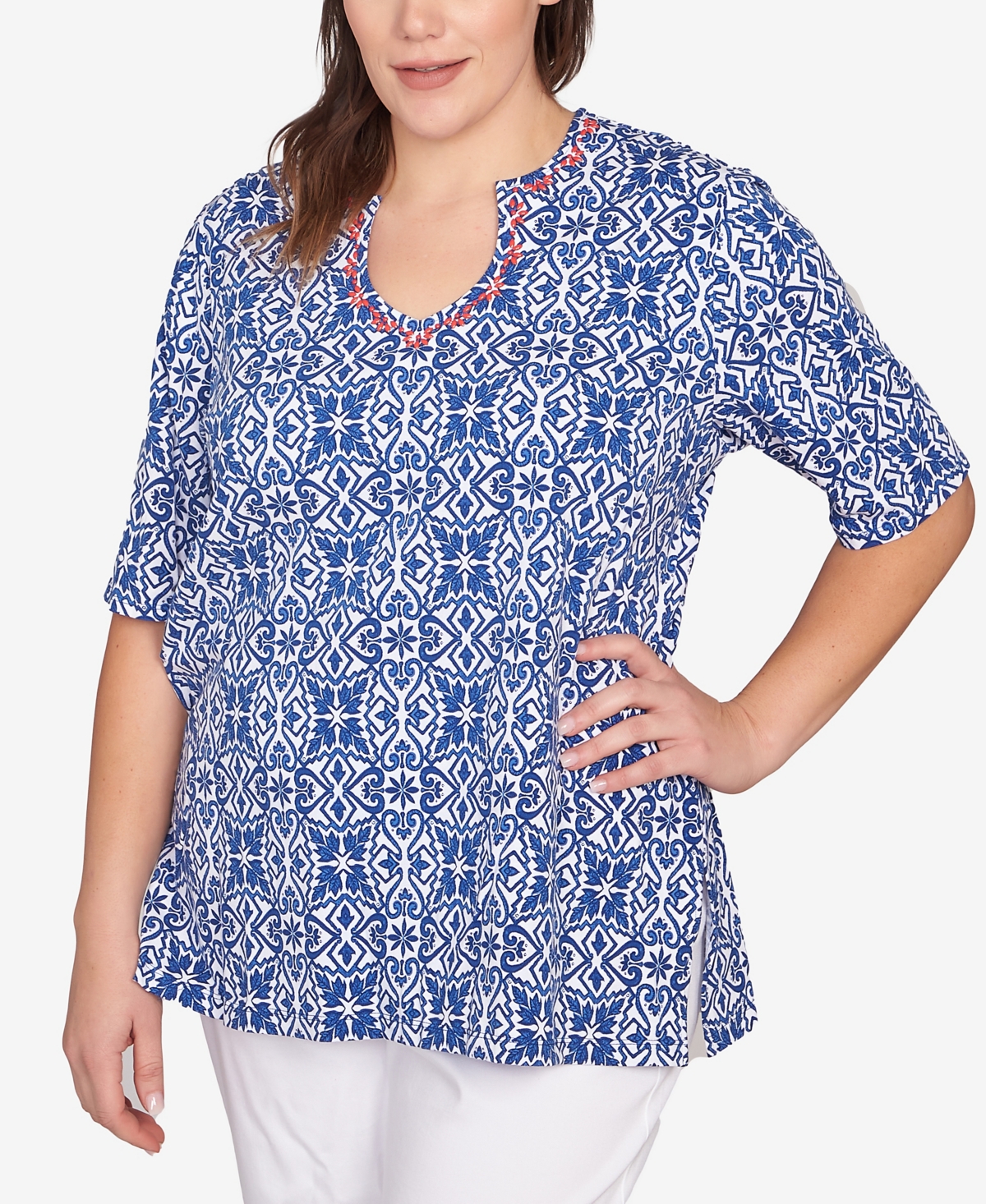Ruby Rd. Plus Size Pacific Medallions Embellished Knit Top