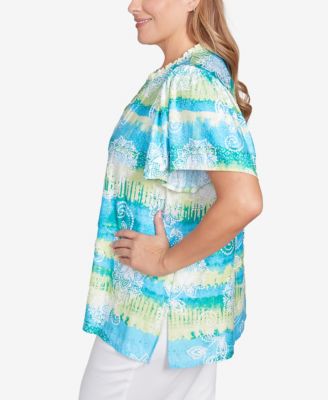 Plus Size Batik Embroidered Tie Dye Puff Print Top