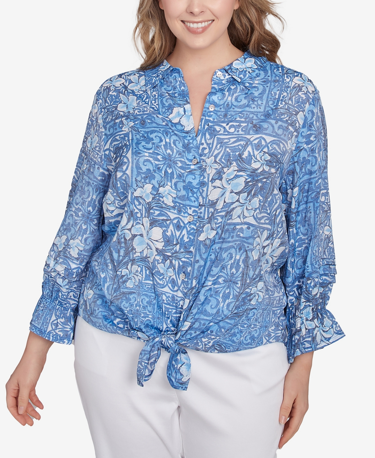 Plus Size Silky Floral Tile Button Tie Front Top - French Blue Multi