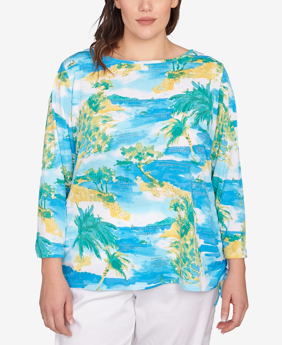 Ruby Rd. Plus Size Paradise Island Crinkle Knit Top In Blue