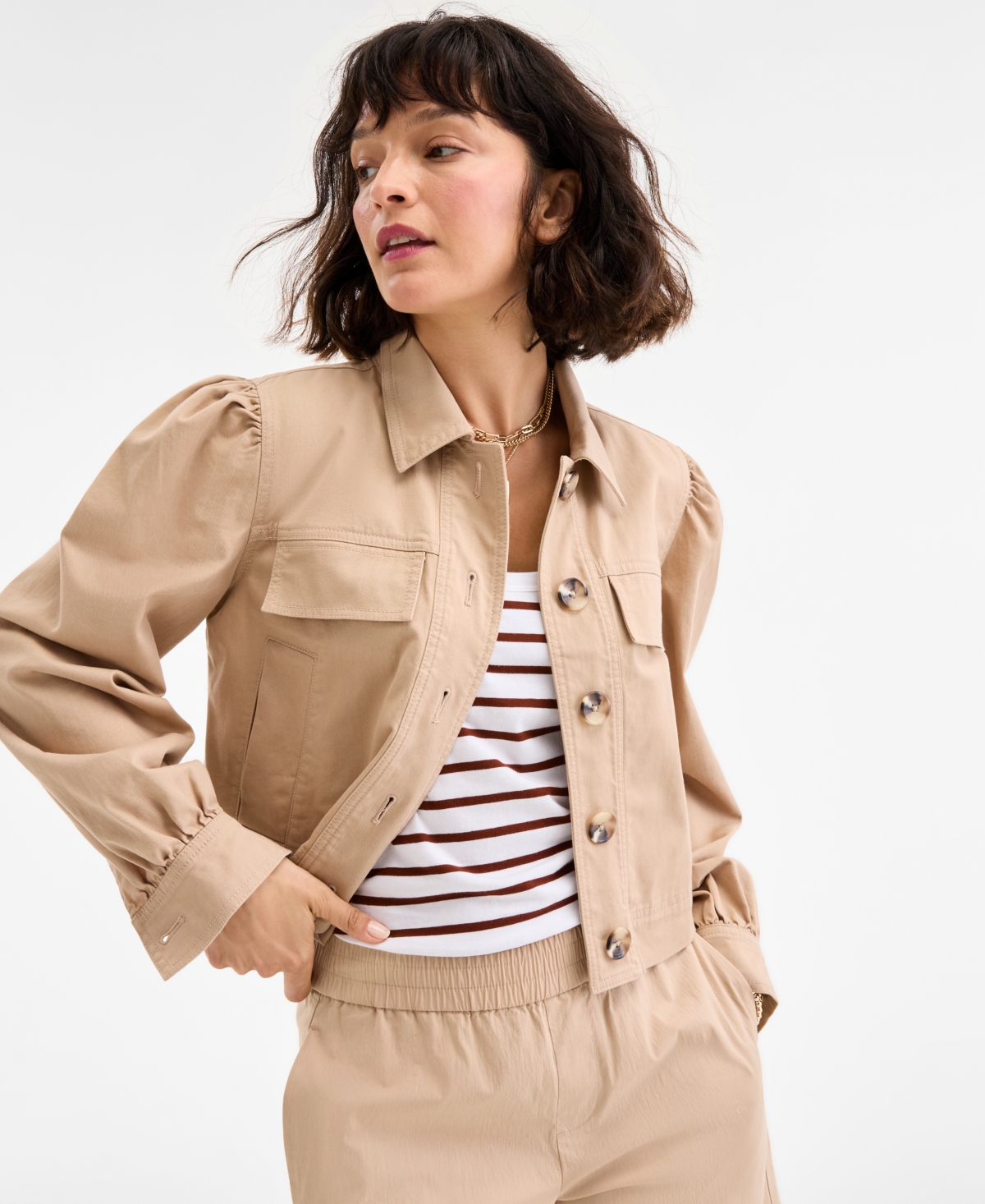 Women's Puff-Shoulder Twill Swing Jacket, Exclusively at Macy's - Cinnamon Brulee