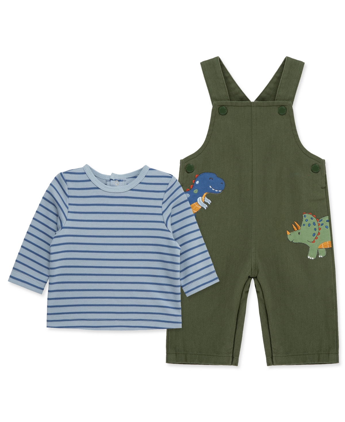 Little Me Baby Boys Cotton Striped T-shirt & Dino Overalls Set In Green