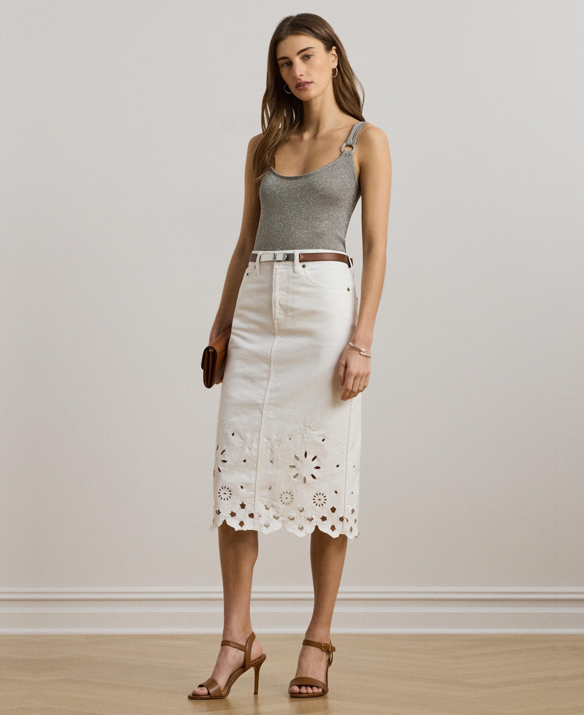 RALPH LAUREN WOMEN'S EYELET DENIM MIDI SKIRT 