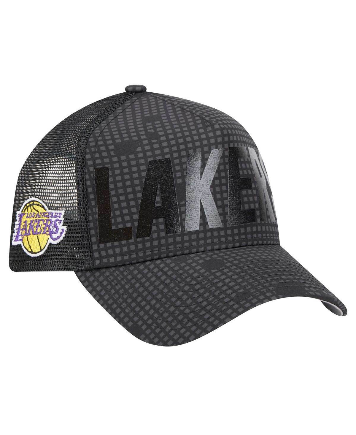 NEW ERA MEN'S BLACK LOS ANGELES LAKERS MIDNIGHT INK TONAL A-FRAME TRUCKER 9FORTY ADJUSTABLE HAT 