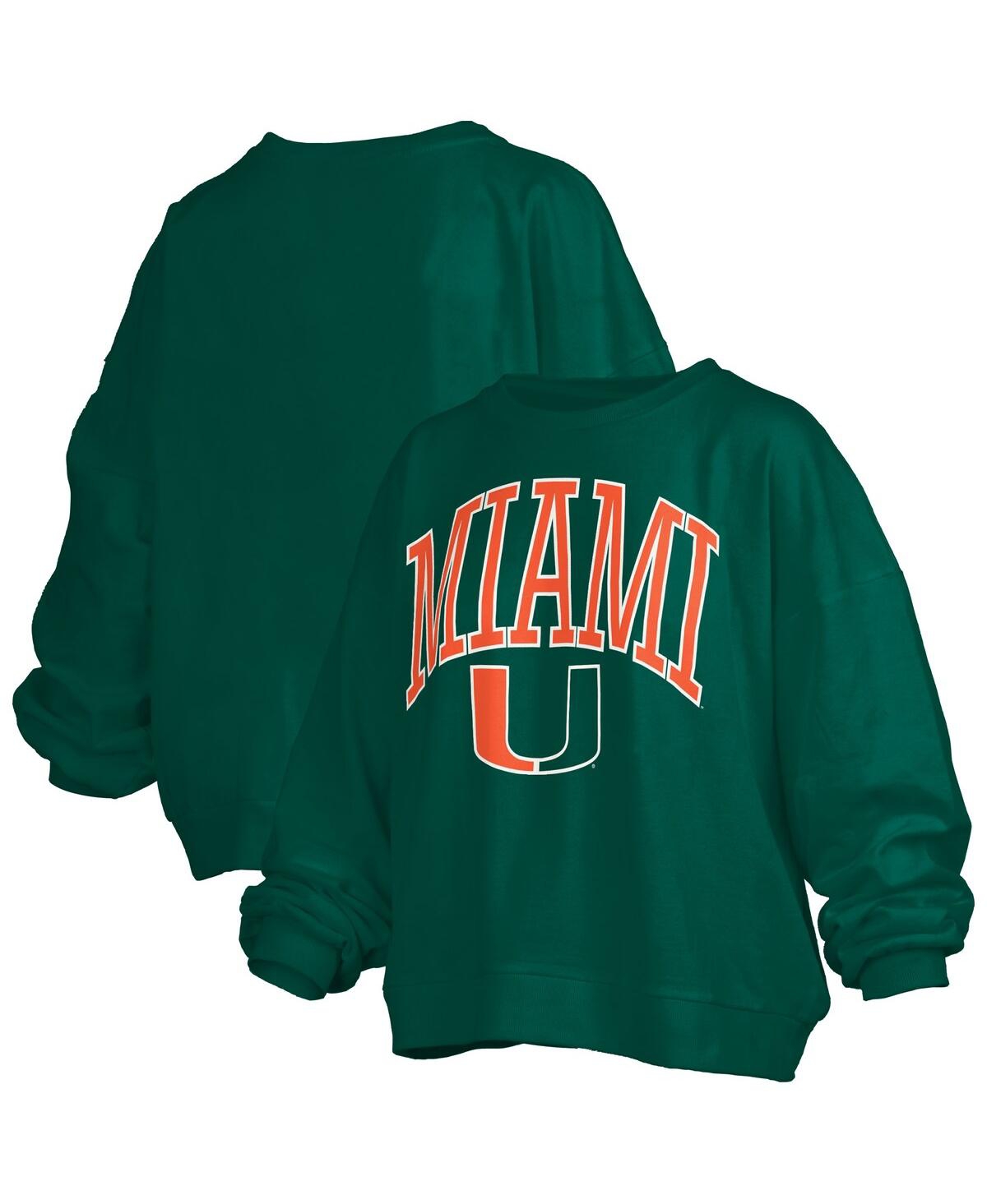 PRESSBOX WOMEN'S GREEN MIAMI HURRICANES JANISE ARCH OVER LOGO WAIST LENGTH OVERSIZED PULLOVER SWEATSHIRT 