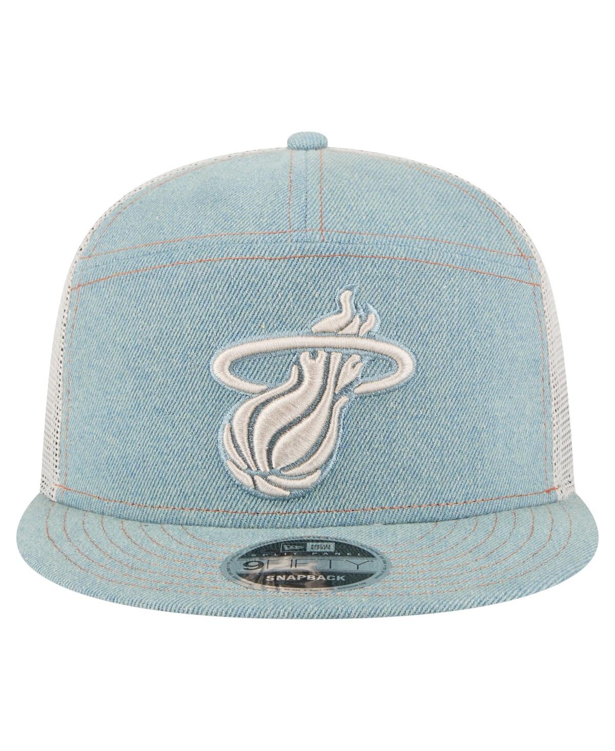 NEW ERA MEN'S MIAMI HEAT ADVENTURE DENIM SPLIT PANEL 9FIFTY SNAPBACK TRUCKER HAT 