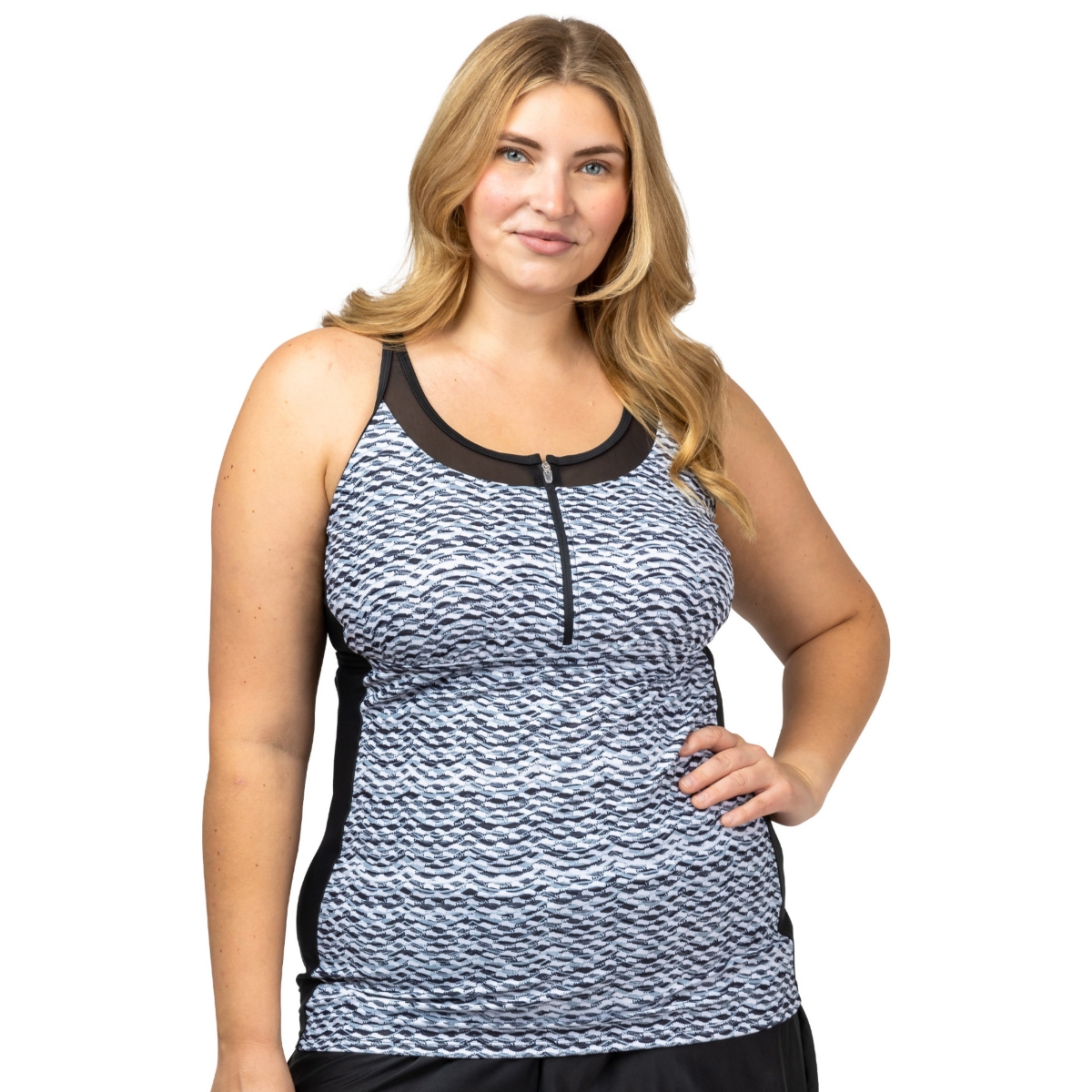 Plus Size Mesh Zip-Up Tankini Top - Black crochet wave