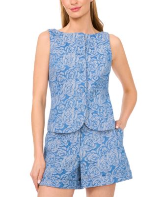 Womens Floral Jacquard Denim Button Front Vest Belted Floral Jacquard Denim Shorts