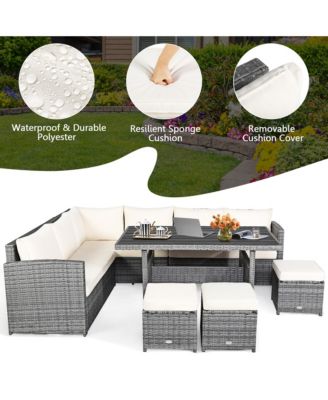 7PCS Rattan Patio Sectional Sofa Set Conversation Set w/ White Cushions