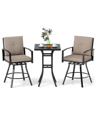 3 PCS Patio Swivel Bar Set Table and Chairs Set with Soft Cushions & Umbrella Hole