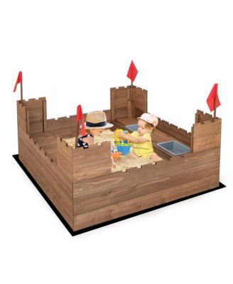 Solid Wood Kids Sandbox w/ 2 Bench Seats Outdoor Sandpit w/ Storage Box & Flags