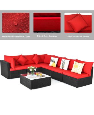 7PCS Rattan Patio Conversation Set Sectional Furniture Set w/ Red Cushion