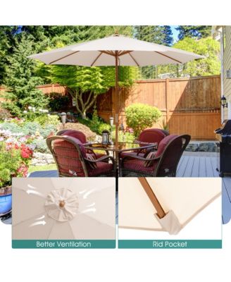 10FT Patio Umbrella Table Market Umbrella w/ 8 Bamboo Ribs Pulley Lift & Ventilation Hole
