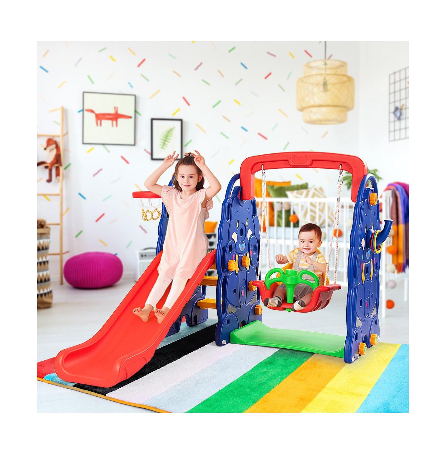 Детские игрушки Mecale 3-in-1 Freestanding Climber Slide Swing with Basketball Hoop and Ring Toss, Holds 66 Lbs., Ages 3+, цвет: Синий — фото 2