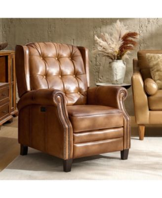Silvia Button-tufted Genuine Leather Power Recliner with Solid Wood Legs