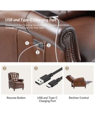 Silvia Button-tufted Genuine Leather Power Recliner with Solid Wood Legs