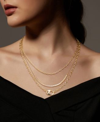 Cubic Zirconia Tennis Paperclip Oval Carabiner Layered Necklace Set