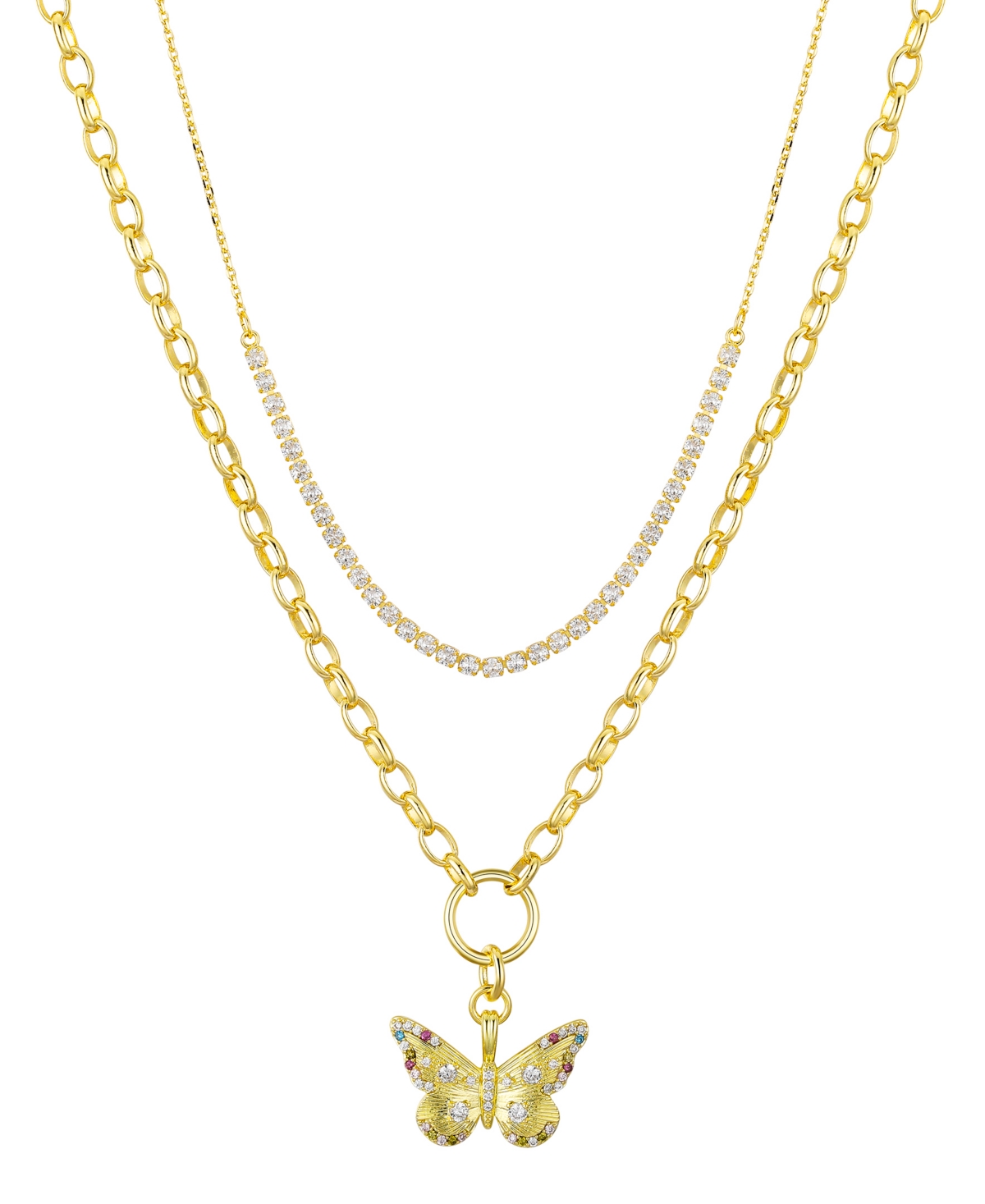 Cubic Zirconia Tennis Butterfly Layered Necklace Set - Gold