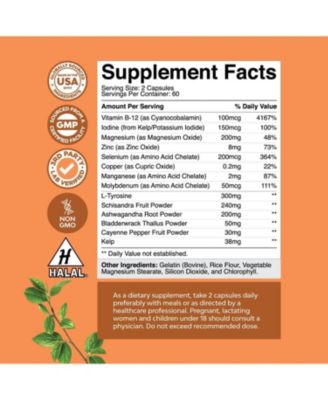 Thyroid Support Capsules | Iodine Thyroid Supplement | Tyrosine Bladderwrack Kelp Selenium and Ashwagandha | 120 ct