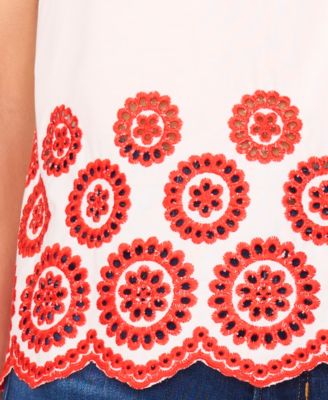 Women's Contrast Embroidered Cotton Cap-Sleeve Blouse