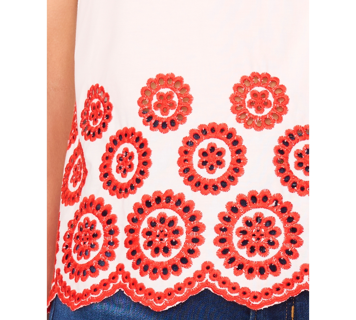 Cece Embroidered Eyelet Ruffle Shoulder Cotton Top In Neutral