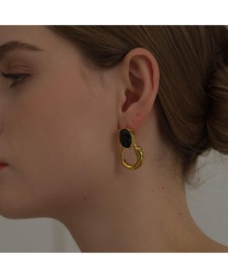 Gold Drop Earrings with Black Oval Crystal
