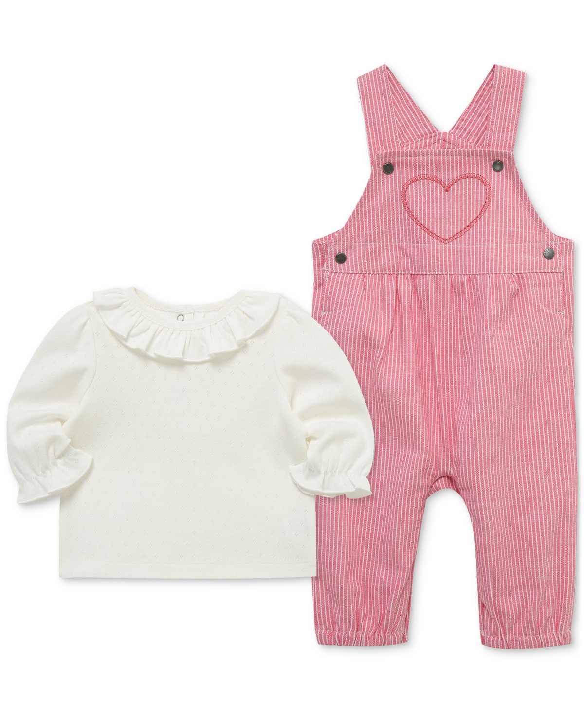 Little Me Long Sleeve Top & Stripe Overalls Set In Pink