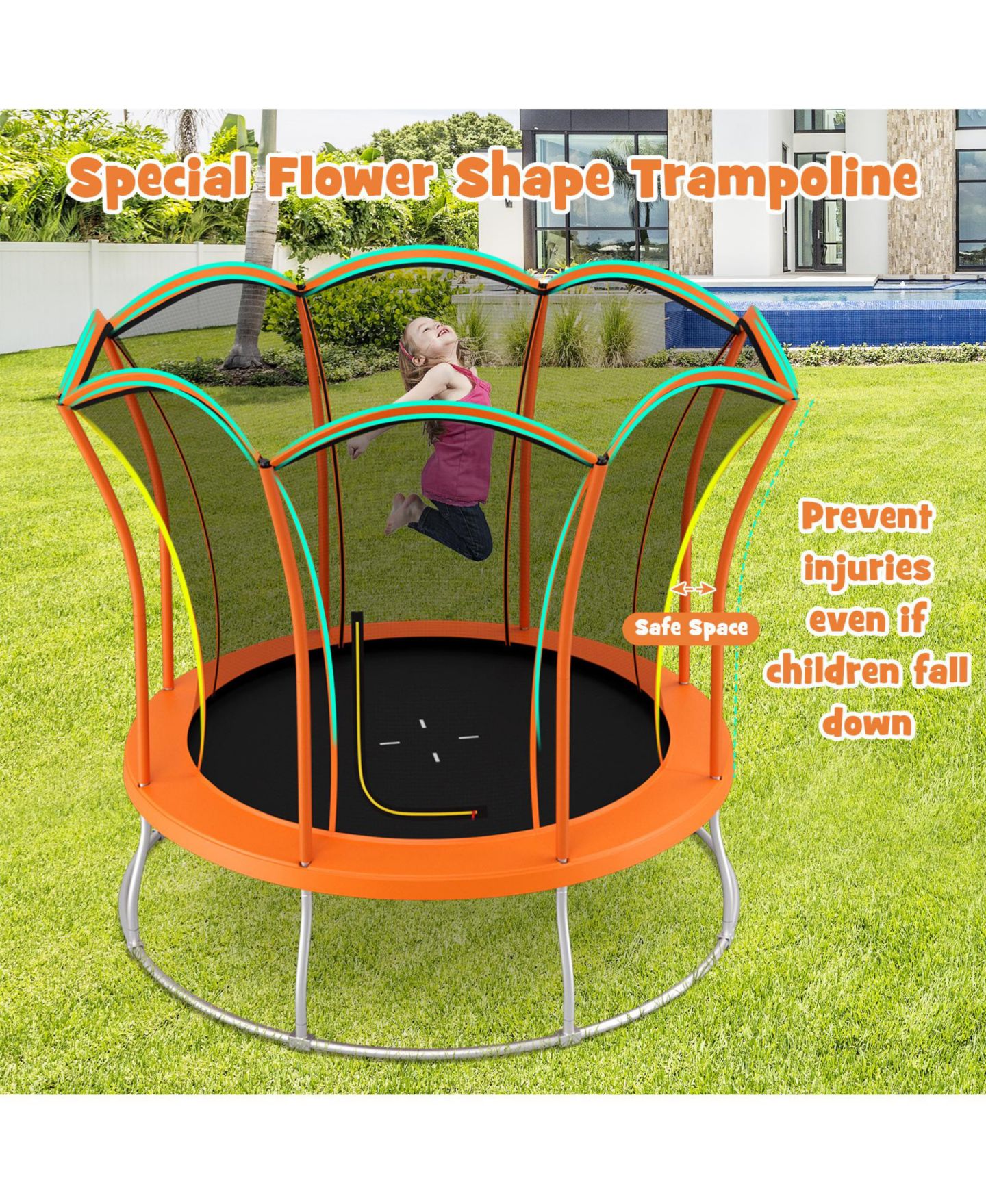 Детская игрушка Mecale Flower Shape Trampoline with 74" High Enclosure Net, от 3 лет, цвет: Оранжевый — фото 2