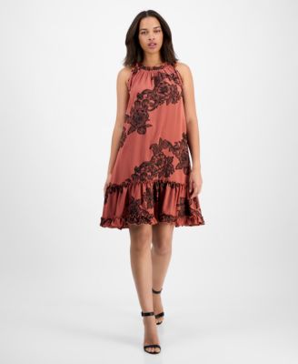 Robbie Bee - Women's Printed Ruffle-Neck Sleeveless Mini Dress
