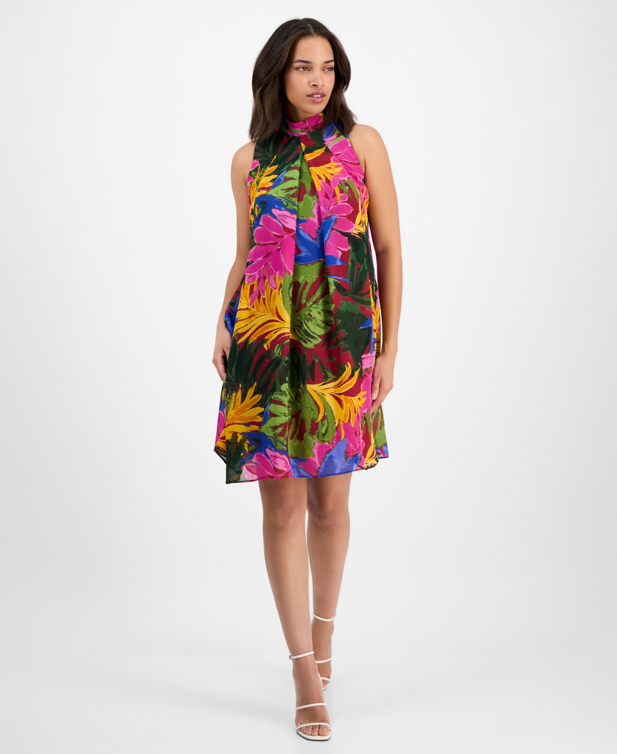 Women's Printed Mock-Neck Shift Dress - Green Multi